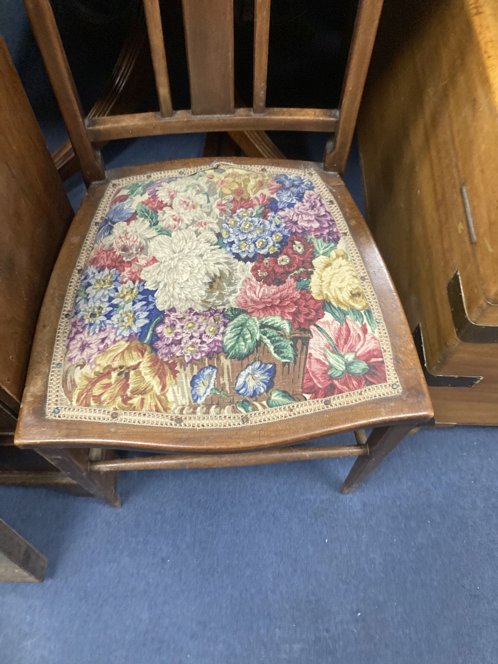 An Edwardian childs chair, another and a tray